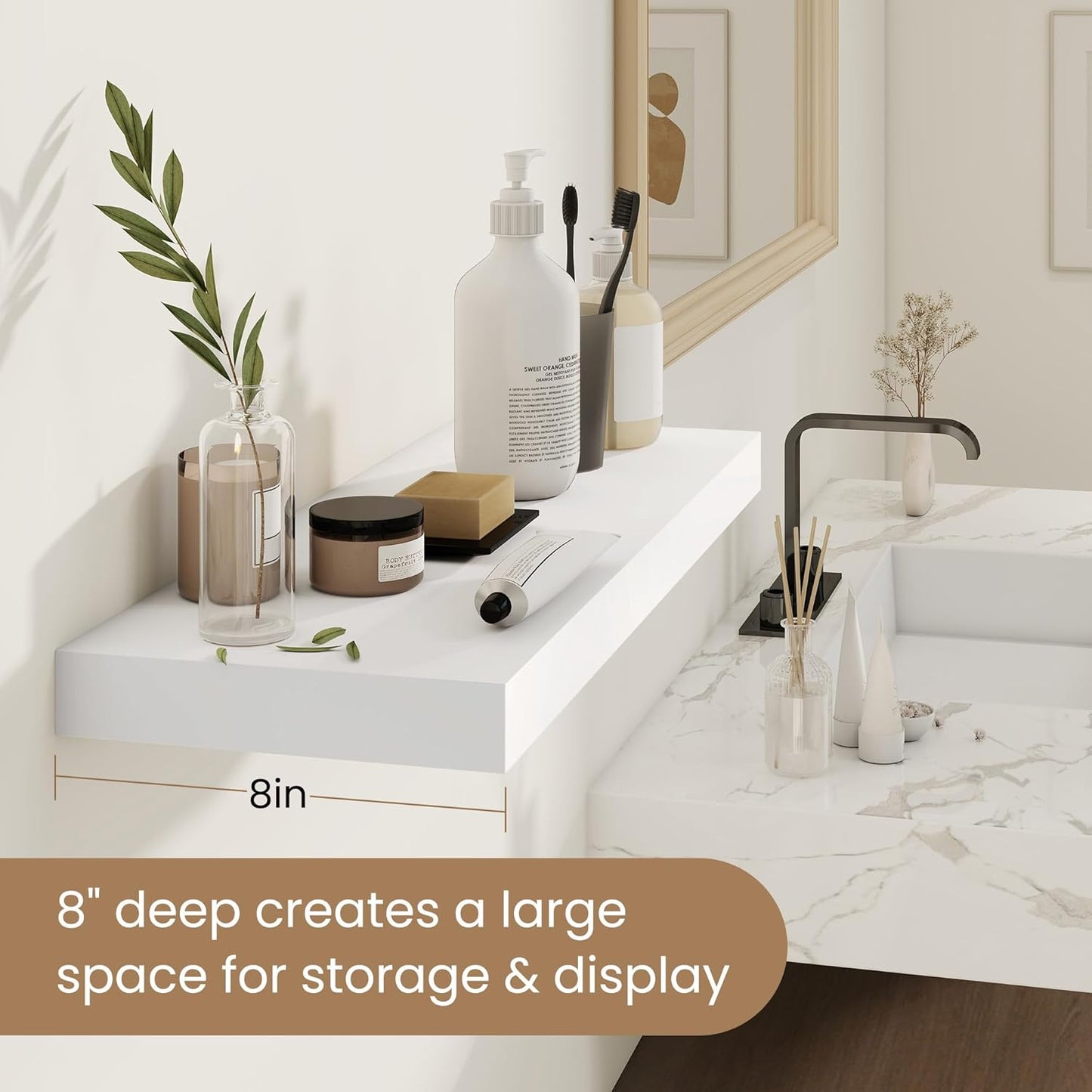 Fun Memories Rustic Floating Shelves for Home Decor, 8 Inch Deep Floating Shelf, Solid Wood Floating Wall Shelves 30 Inch Long, Deep Wall Shelves for Bathroom, Living Room, White Finsh, Set of 2