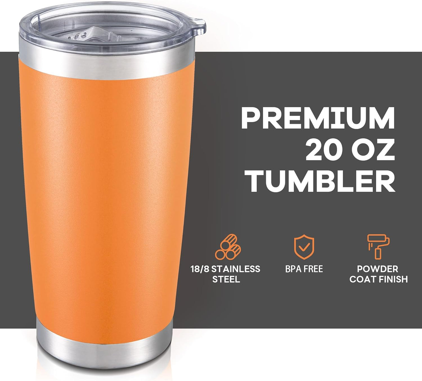 20 oz Tumbler with Lid Stainless Steel Insulated Tumblers Bulk Double Wall Vacuum Cups Powder Coated Travel Mug Keep Drinks Cold and Hot, Orange, 12 Pack