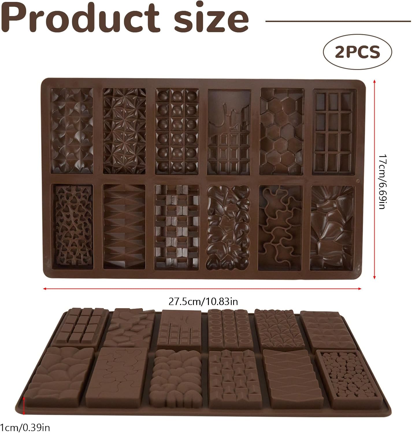 2 Pcs Brown Mini Chocolate Bar Mold for Dubai, Candy Silicone Mold