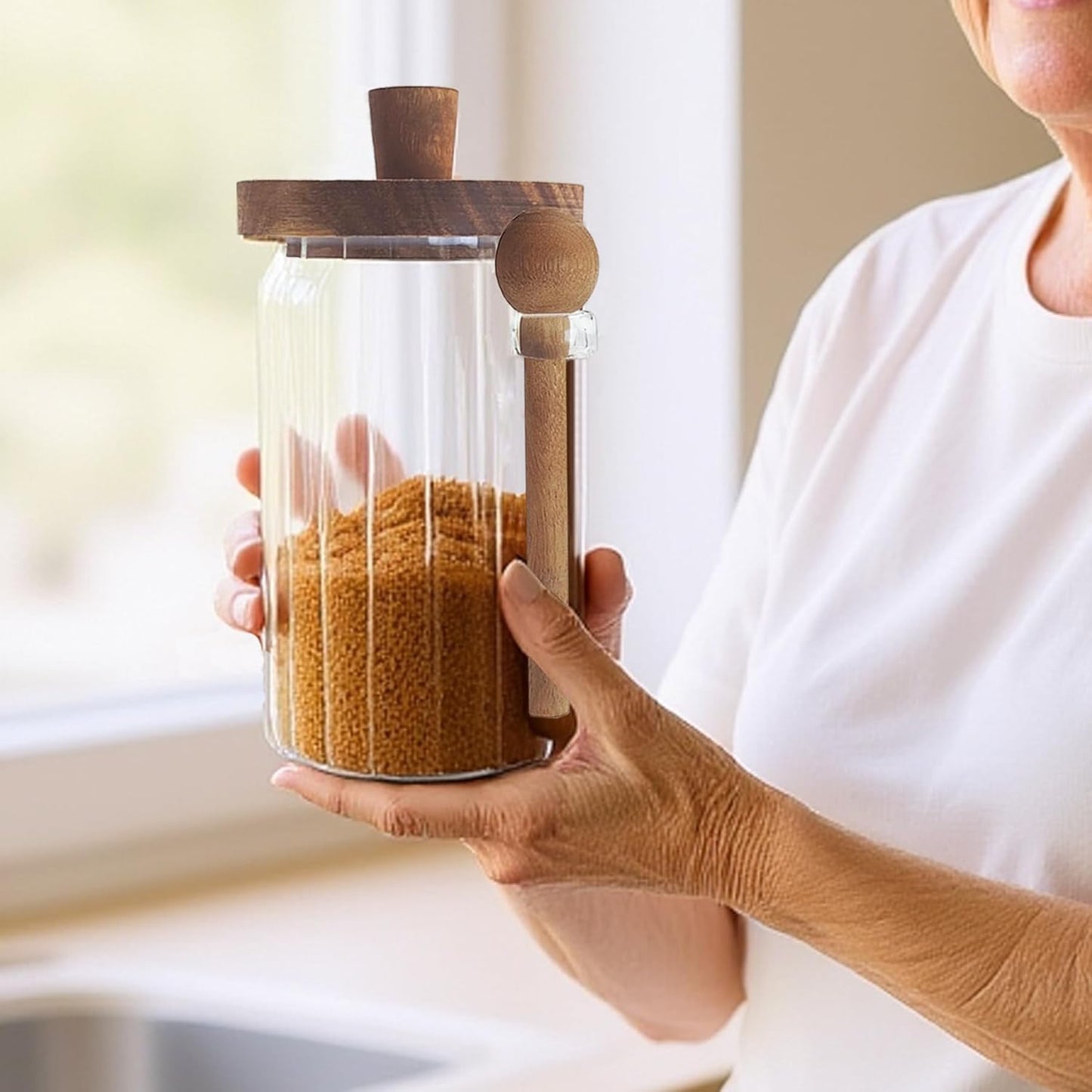 Glass Food Storage Jars with Handles Wood Lid and Spoon, 25 oz Glass Kitchen Canisters for Coffee, Tea, Cereal, Spice and Canning, Mason Jars, Cute Jar