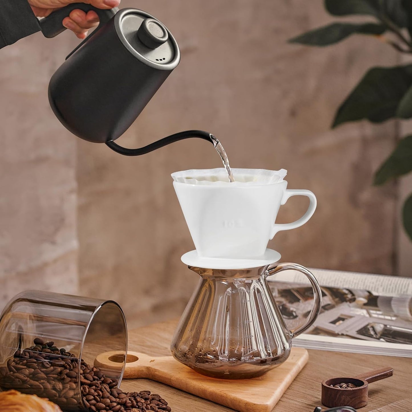 Handmade Pour Over Ceramic Coffee Dripper - Authentic Brewing Experience for Camping, Office, and Home (White)
