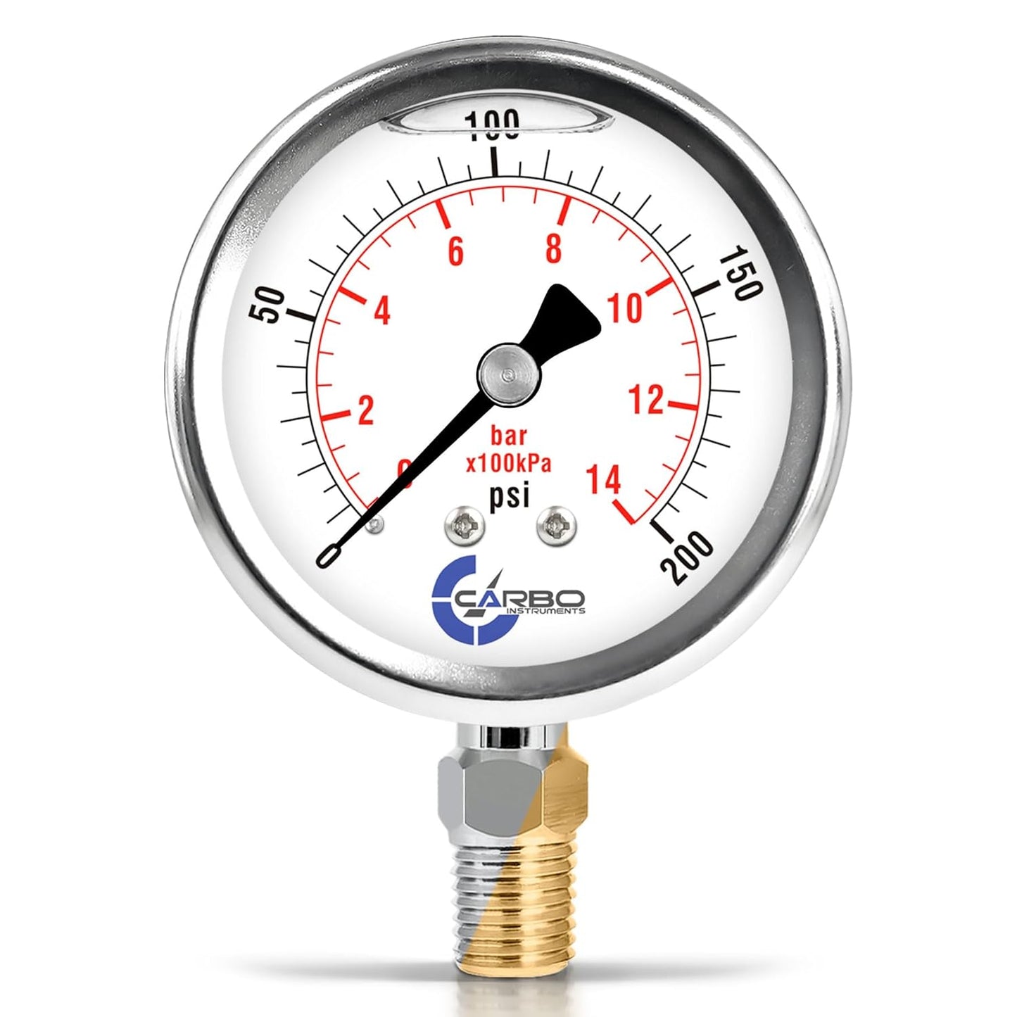 Stainless Steel Pressure Gauge Dual Display (0-200 psi/kPa) - 2 1-2" Glycerine Liquid Filled Water Air Oil Gas Gauge with Polycarbonate Lens & Brass Connection - 1/4" NPT Lower Mount