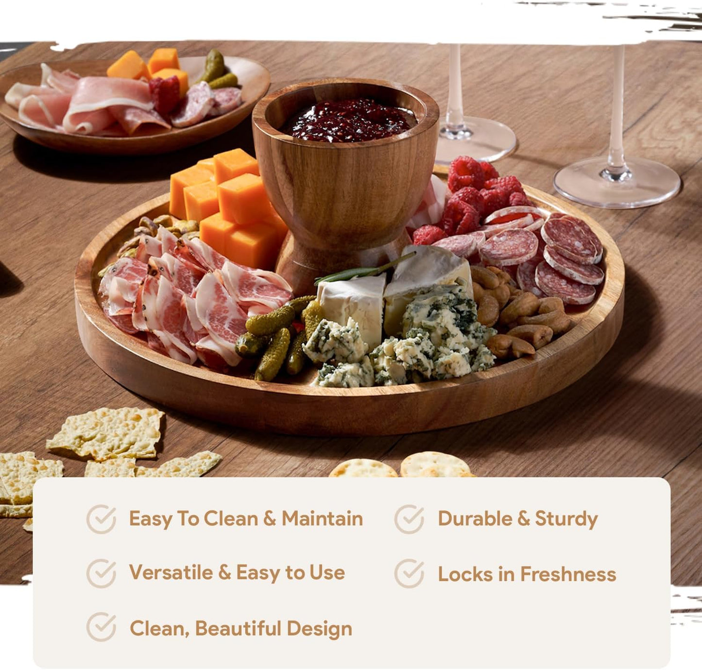 Acacia Wood Cake Stand with Lid - 12in Round Cake Holder, 2-in-1 Dessert Table Display Set & Charcuterie Board for Cheese, Chips & Dips, Nachos, Fruit Platter, Large Acrylic Cake Dome Cover