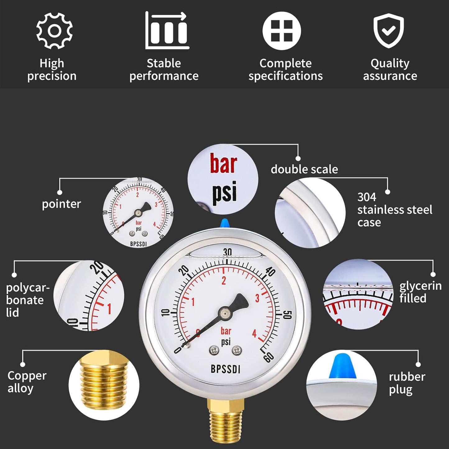 0-60 Psi Glycerin Liquid Filled Low Pressure Gauge, 2.5" Dial Size, 1/4" NPT Lower Mount, 304 Stainless Steel Case, for Water Oil Air Pressure Test, Refrigeration Systems(Such as Evaporators)