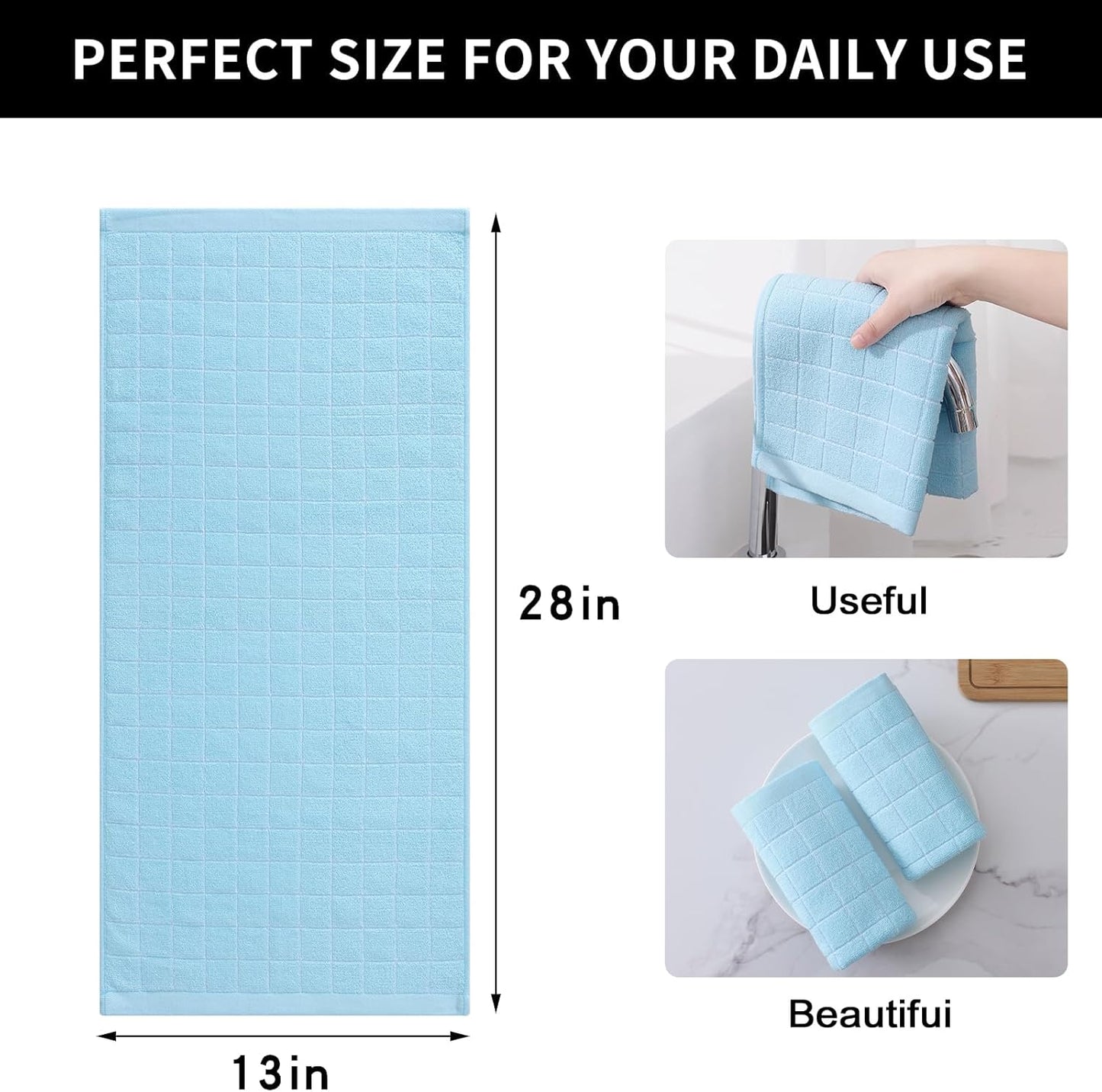 Homaxy 100% Cotton Terry Kitchen Towels(Sky Blue, 13 x 28 inches), Checkered Designed, Soft and Super Absorbent Dish Towels, 4 Pack