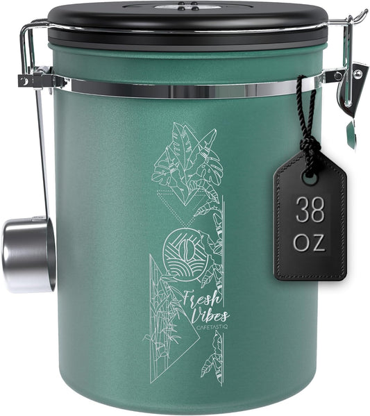 38oz / 22oz Coffee Canister – Airtight Stainless Steel Storage Container with Date Tracker & Scoop, Sealed Jar for Grounds, Beans, Tea, Flour, Cereal, and Sugar (Green Vibes, 38OZ)