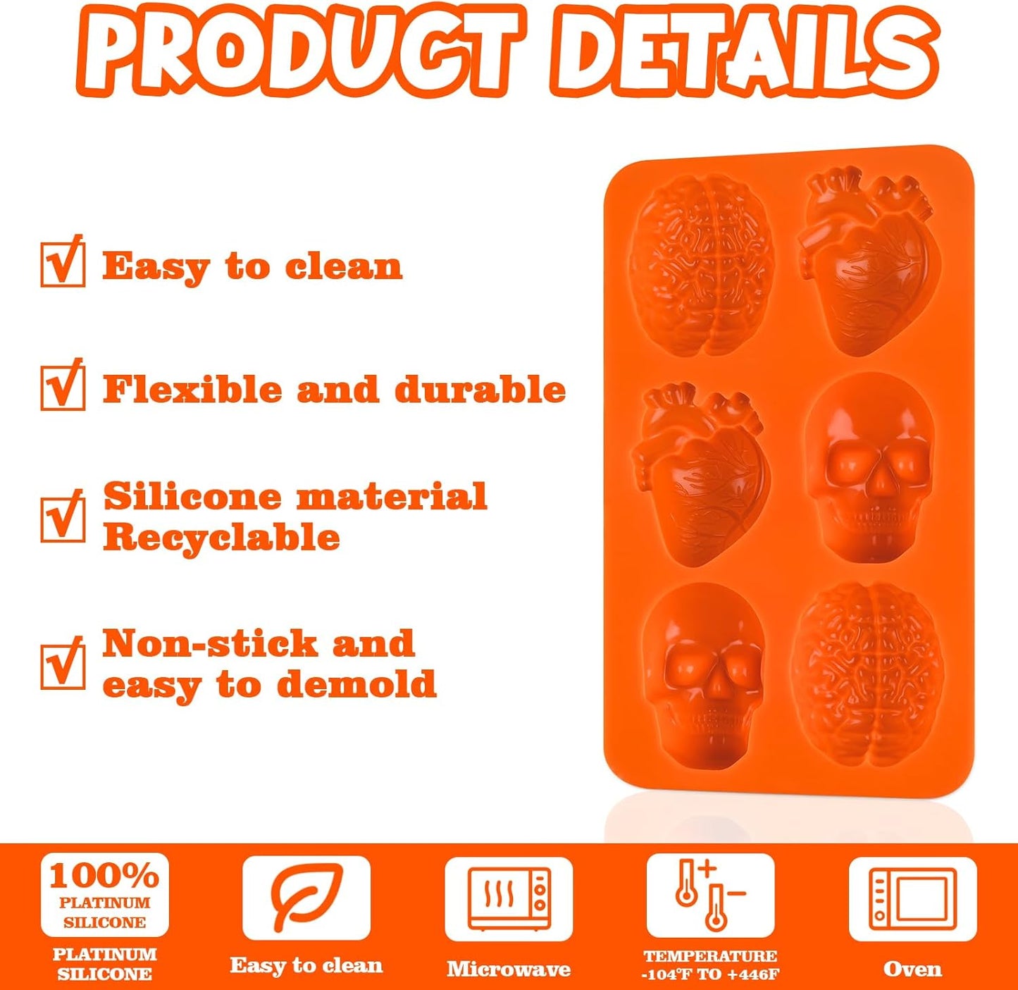 Sakolla Skull Brain and Heart Silicone Mold, 2 Pack Halloween Baking Molds for Make Human Organs shape Cake, Chocolate, Gelatin, Jelly, Soap and Resin