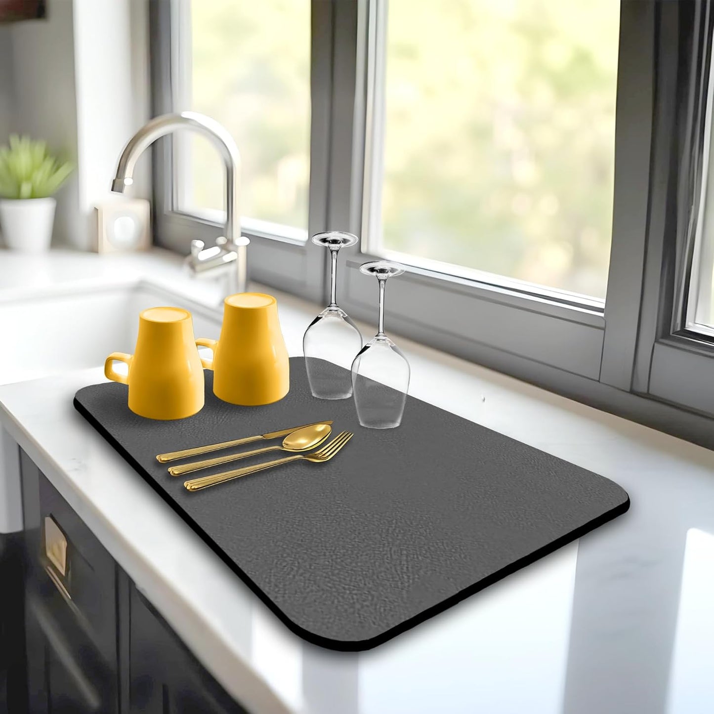 Dish Drying Mat Super Absorbent – 16" x 12" Coffee Mat for Countertops – Non-Slip Drying Mat for Kitchen Counter – Easy to Clean Water Absorbent Mat – Quick Dry Dish Drying Mats (Dark Gray)