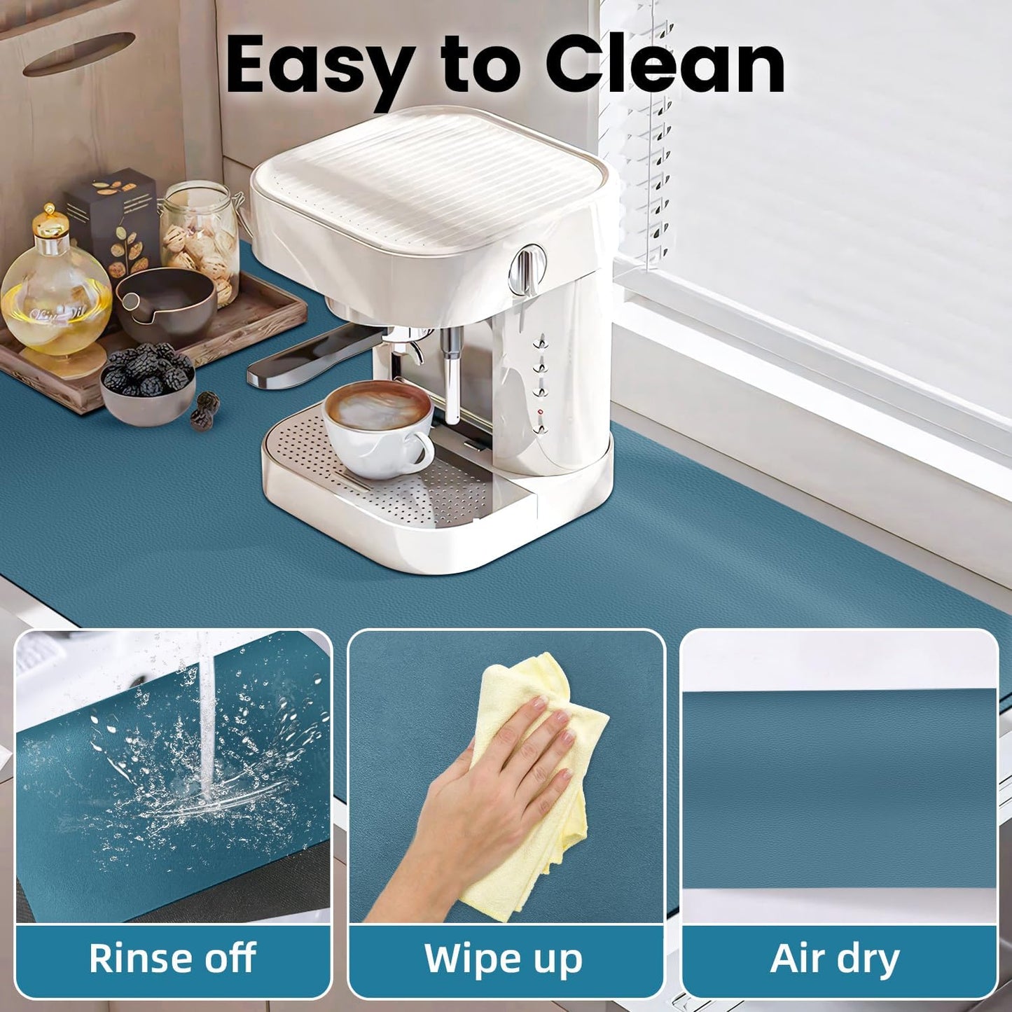 PoYang 31"x17" Coffee Mat X-Large, Coffee Bar Accessories for Countertop, Absorbent Dish Drying Mat, Anti-Slip and Hide Stain Pad for Espresso Machine, Espresso Maker and Kitchen Counter, Blue