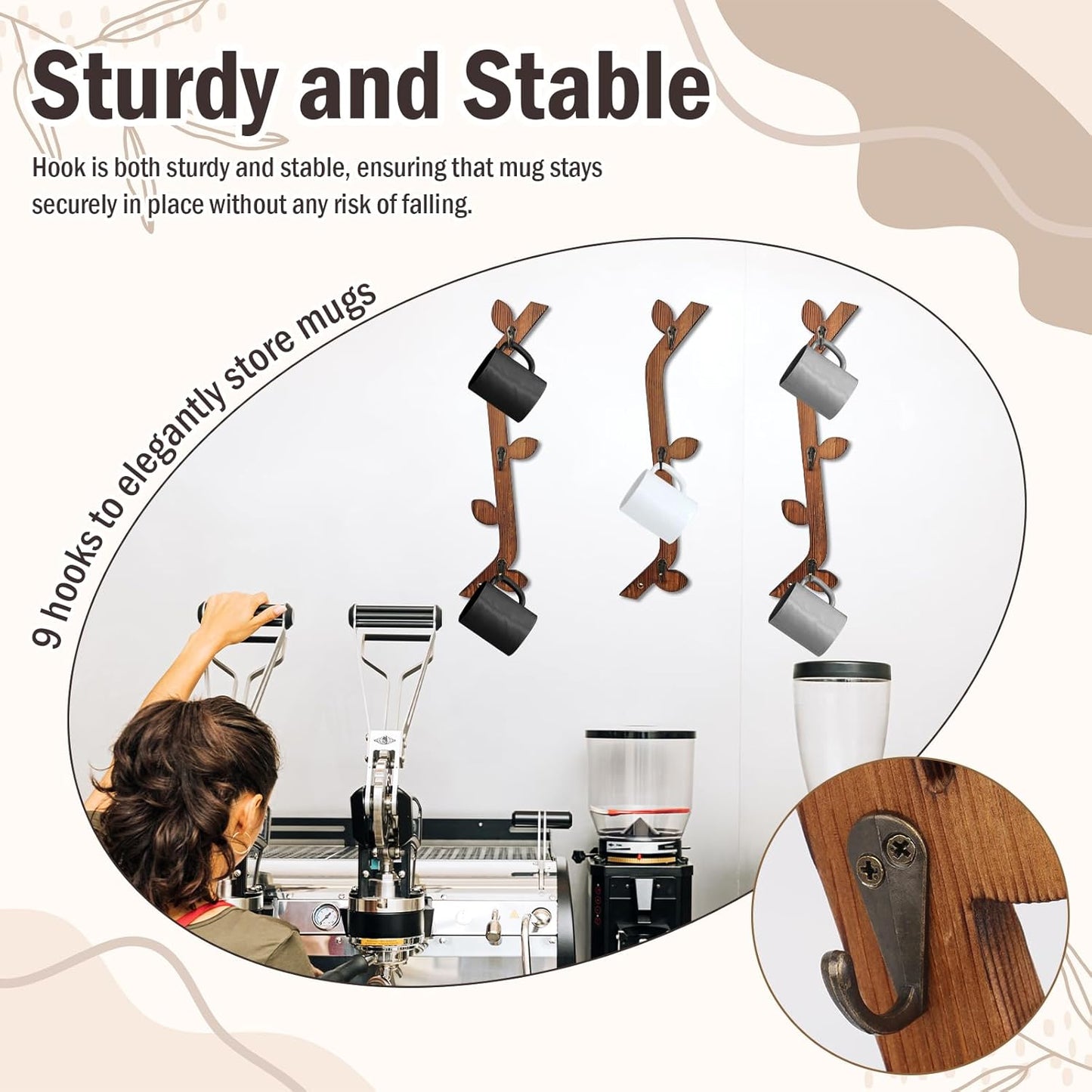 3 Pack Wood Coffee Mug Wall Rack with 9 Hooks Wall Mount Coffee Cup Holder Wooden Espresso Cup Holder Tree Brown Mug Stand Display Wall Mounted Cup Drying Rack for Kitchen Cafe