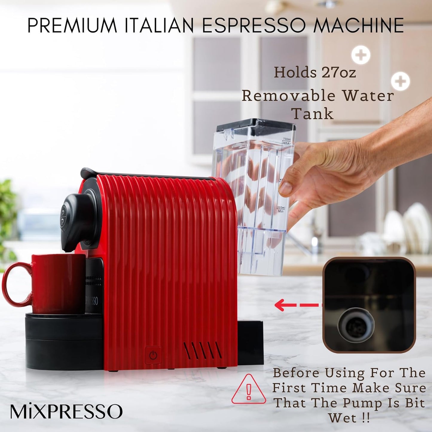 Mixpresso Red Espresso Coffee Machine – Compact 1400W Single Serve Coffee Maker Compatible with Nespresso OriginalLine Capsules, One-Touch Operation, 19-Bar Italian Pump, 27oz Water Tank