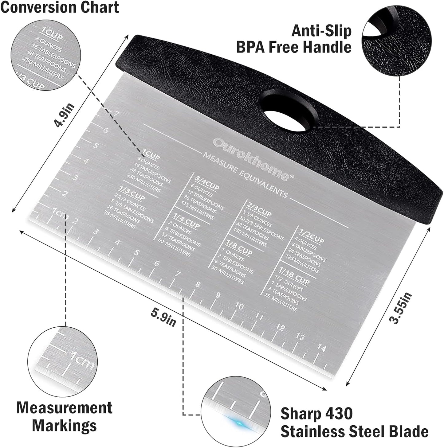 Ourokhome Dough Pastry Bench Cutter Scraper, Stainless Steel Pizza Cutter for Kitchen Baking, Dishwasher Safe, Anti-Wear Laser-Engraved Measuring Scale and Conversion Chart, 2 Pack, Black and Red