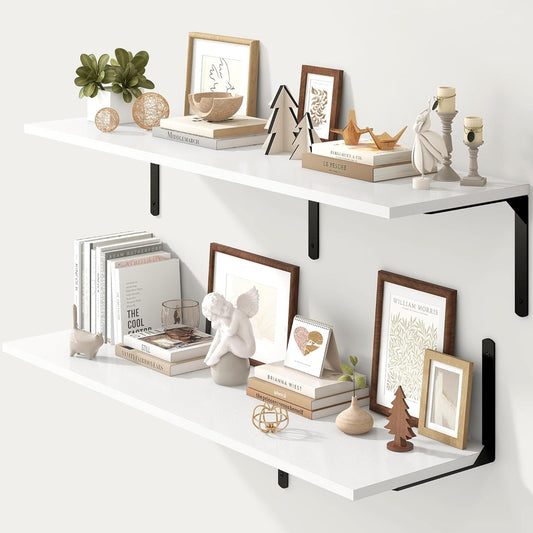 Fun Memories Floating Shelves for Wall, 12 Inch Deep Floating Shelves Set of 2, Wall Mounted Shelf with Metal Brackets, Rustic Wood Wide Shelf for Bathroom, Kitchen and Living Room, White, 48W x 12D