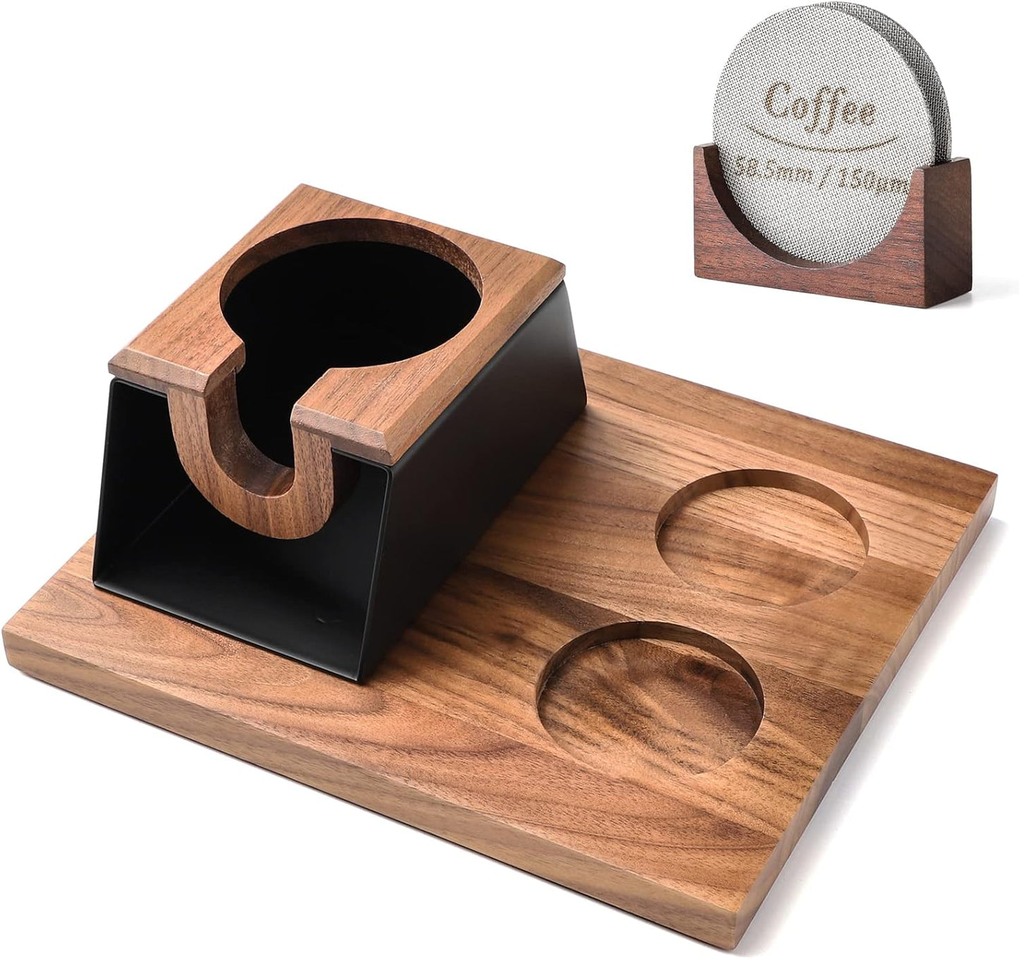 Espresso Tamper Station 58mm Wooden Espresso Tamper Holder Base Coffee Tamper Stand with 2 Coffee Puck Screen Accessories Organizer Box for 58mm Tamper and Distributor