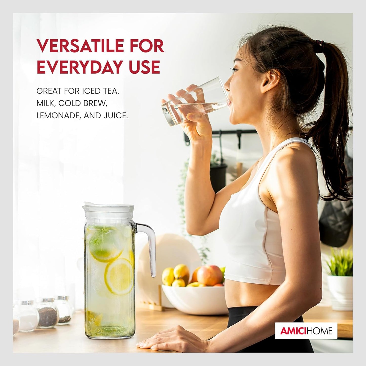 Amici Home Italian Igloo Quadra Glass Pitcher with Lid and Spout | 34 Ounce | Clear Glass Water Pitcher for Refrigerator | Carafe for Iced Tea, Juice, Milk, Cold Brew and Mimosa Bar