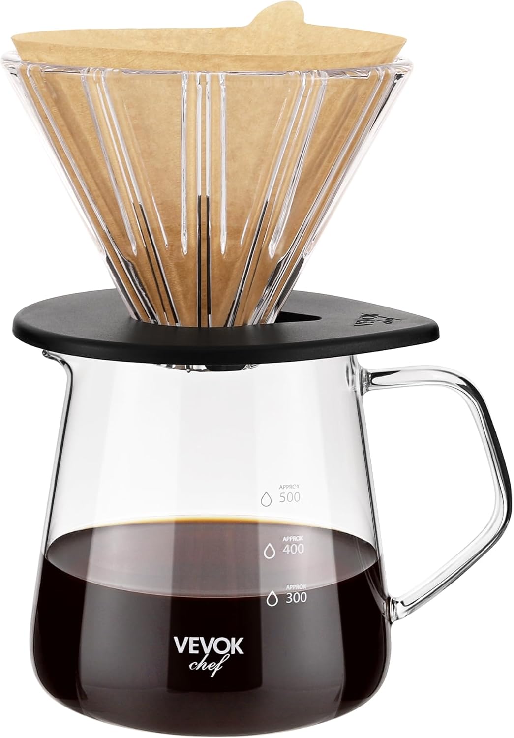VEVOK CHEF Pour Over Coffee Maker Set, 20 Oz Borosilicate Glass Server Carafe and Glass Coffee Dripper with 100pcs Cone Paper Filter, Hand Coffee Brewer for Home, Camping, Outdoor