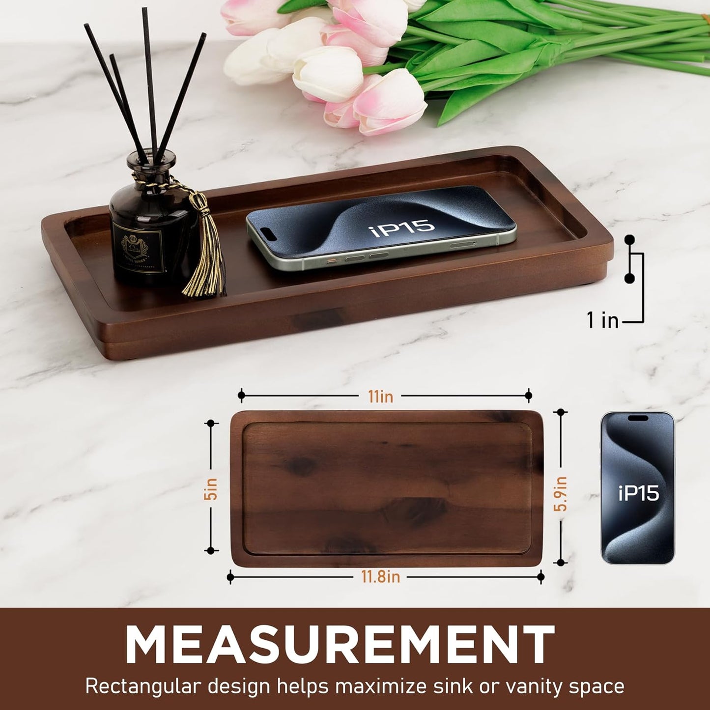 Bathroom Vanity Tray 11.8x5.9in of Acacia Wood - Elegant Organizer for Cosmetics, Jewelry, Perfume, Candle, Key - Premium Wood Tray for Bathroom, Kitchen, Countertop, Toilet Tank, Sink (Dark Brown)