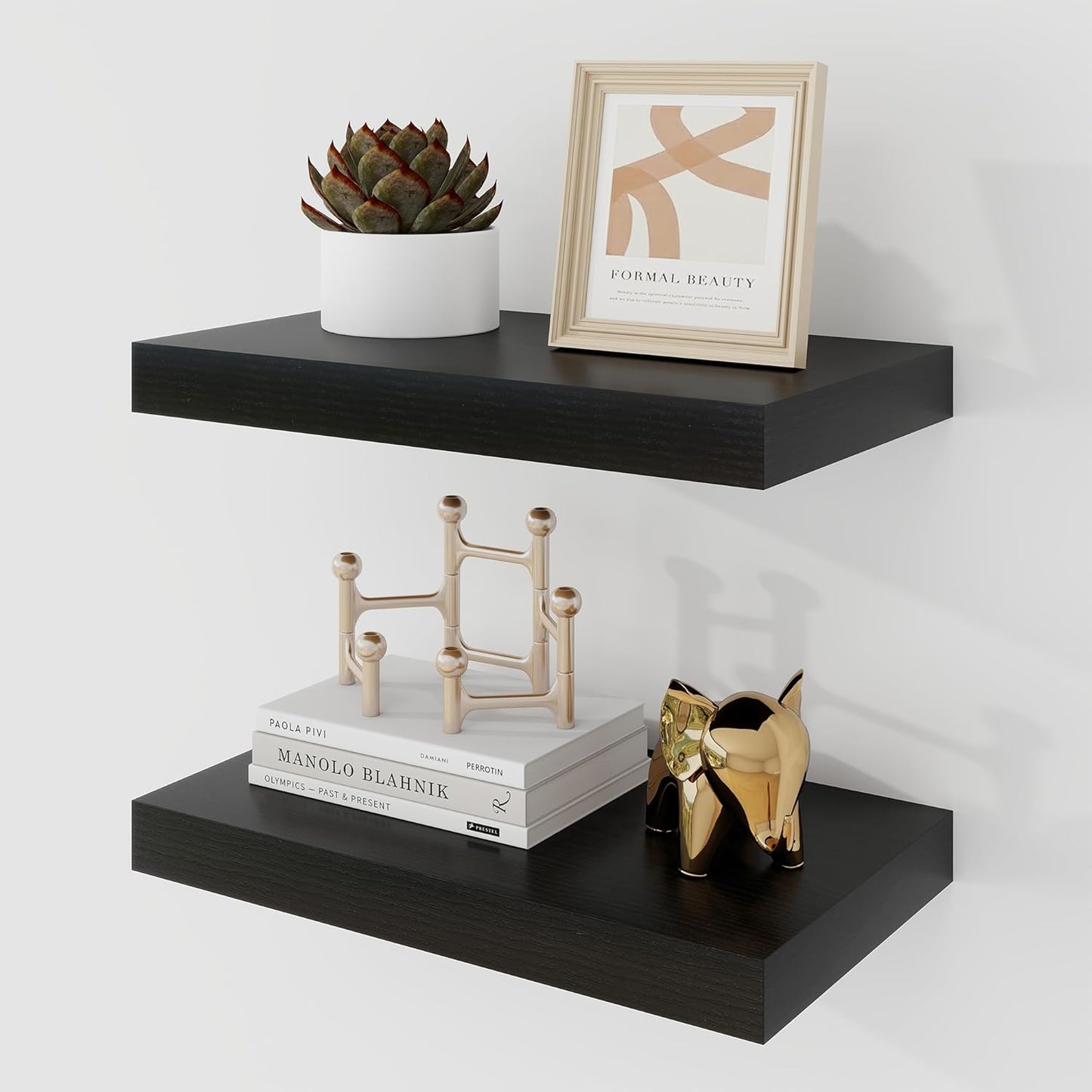 16 Inch Floating Shelves, 9.3" Deep Floating Shelf Wall Mounted, 16" Wall Shelves, Rustic Deep Bookshelf, Large Display Shelves & Storage Shelves for Bedroom, Living Room, Black, Set of 2