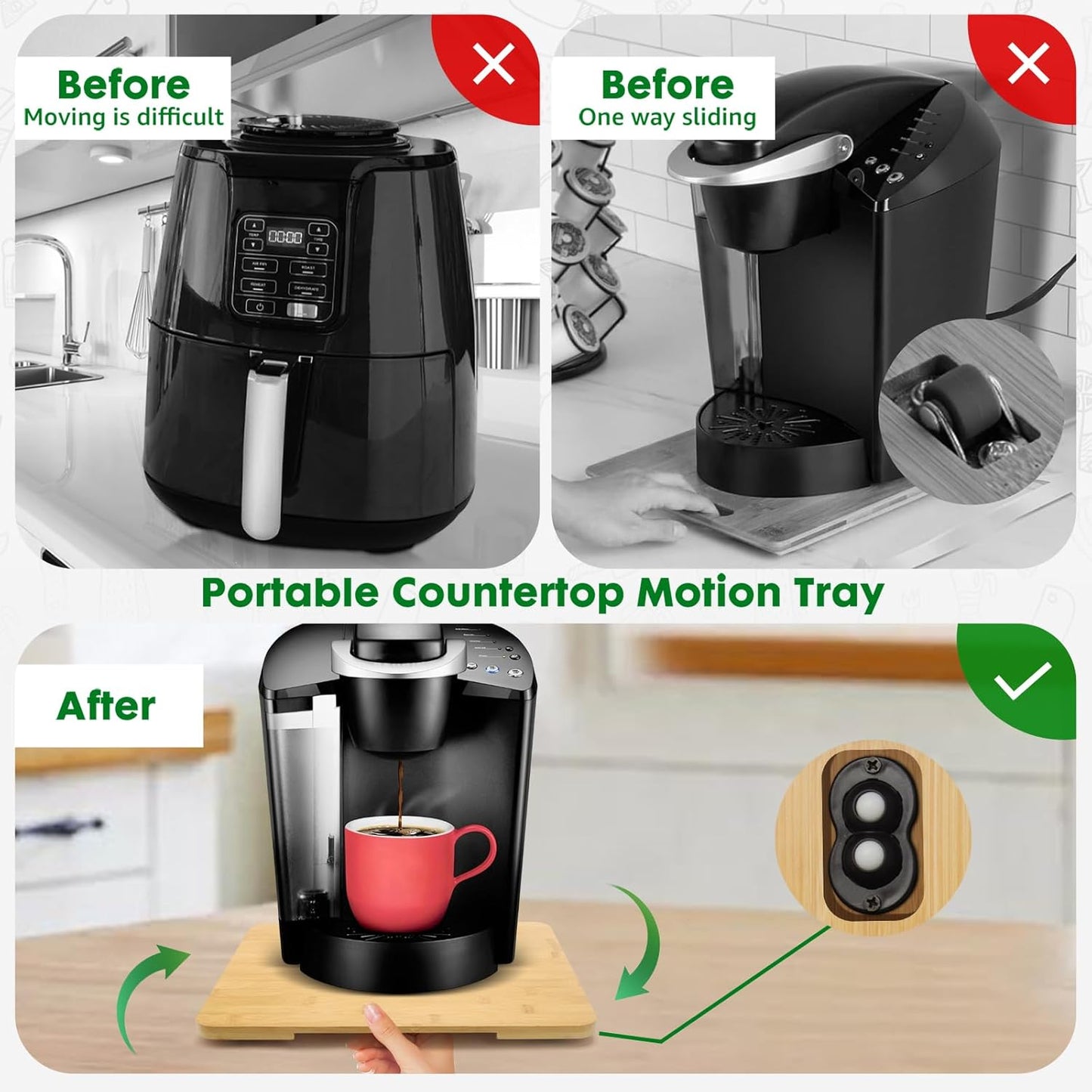 Appliance Slider 360° Rolling Tray for Coffee Maker- Bamboo Coffee Pot Slider Tray Countertop Rotation Sliding Tray with Wheels, Small Appliances Mat (Medium13.9"×11.6")