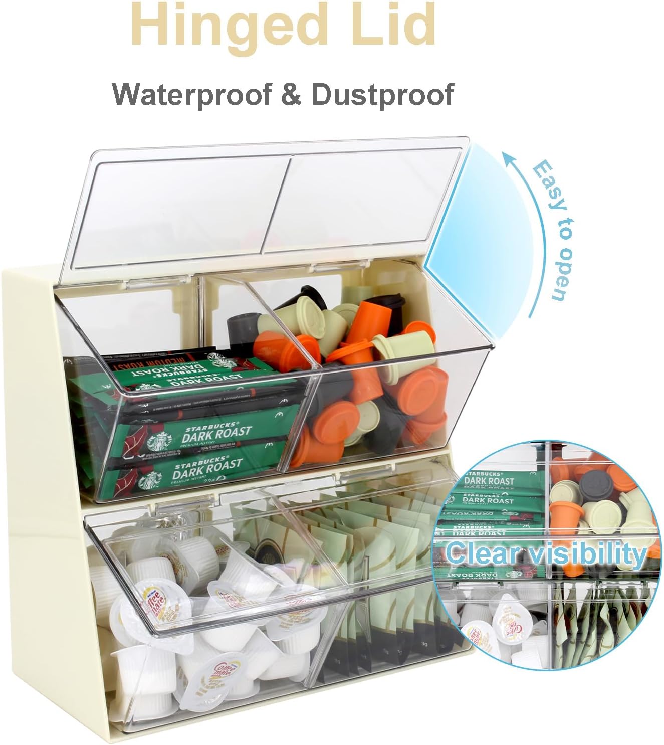 Bokelai Plastic Tea Bag Organizer with Lid - Large Capacity K Cup Holder Countertop Storage Station for Capsule Creamer Sugar Pods Face Mask Organizer Cream/Clear