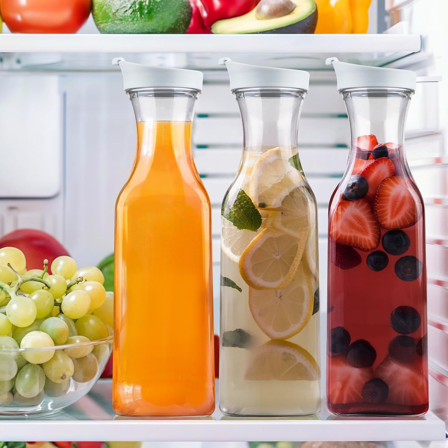 GUSTO [50 oz - 4 Pack] Plastic Carafe with Lid, Large Capacity Square Base - Clear Pitcher with Flip Top Lid, Easy-Pour Spout Juice Containers with Lids, Hand Wash Only - Perfect for Mimosa Bar