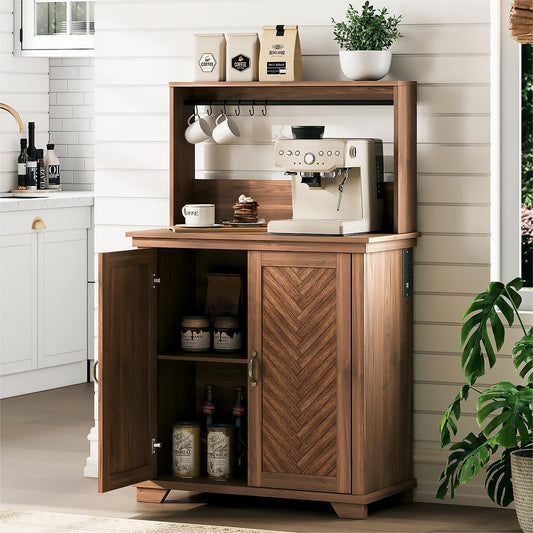 Farmhouse Coffee Bar Cabinet with Storage,31.5" Kitchen Cabinet with Hooks and Charging Station,Coffee Station with Adjustable Shelf and Hutch,Sideboard for Living Dining Room