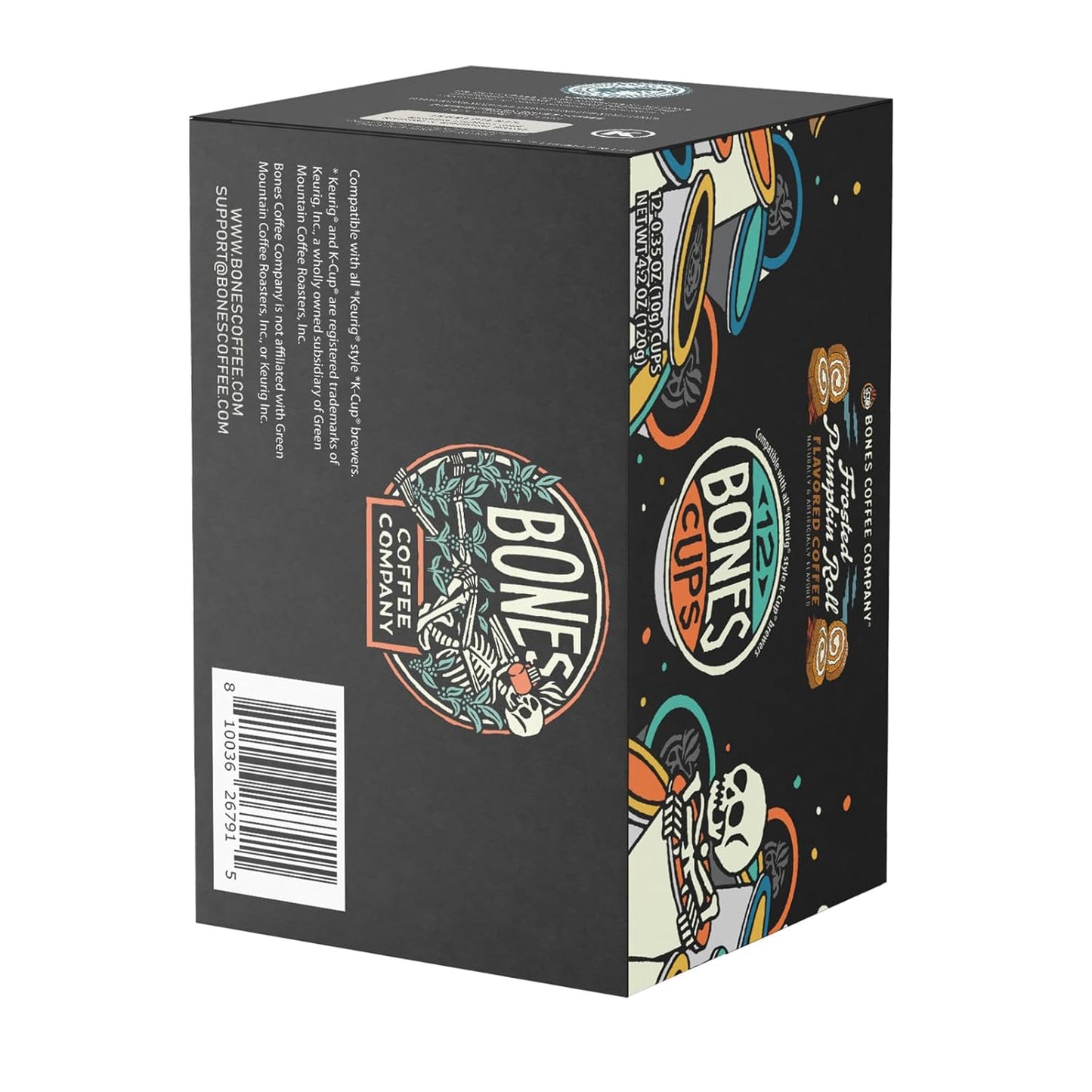 Bones Coffee Company Frosted Pumpkin Roll Flavored Coffee Pods, Low Acid Medium Roast Single-Serve Bones Cups, Compatible with 1.0 & 2.0 K-Cups Brewers Coffee Maker, 12 Count