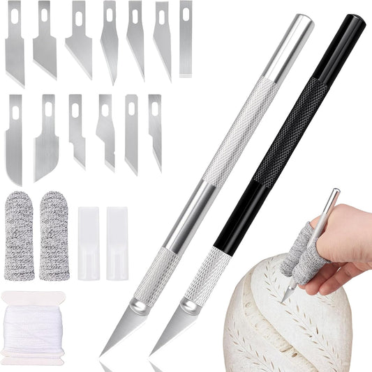 20Pcs Bread Lame Scribing Tool Kit - 2 Precision Scribes with 15 Blades, Finger Guard, Design Cord, Safety Cover and Storage Box - Stainless Steel Scribes for Artisan Bread and Dough Patterns Designs