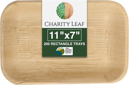 Charity Leaf Palm Leaf Trays 11"x7" (200-Pack) | Eco-Friendly, Biodegradable | for Weddings, Parties & Catering