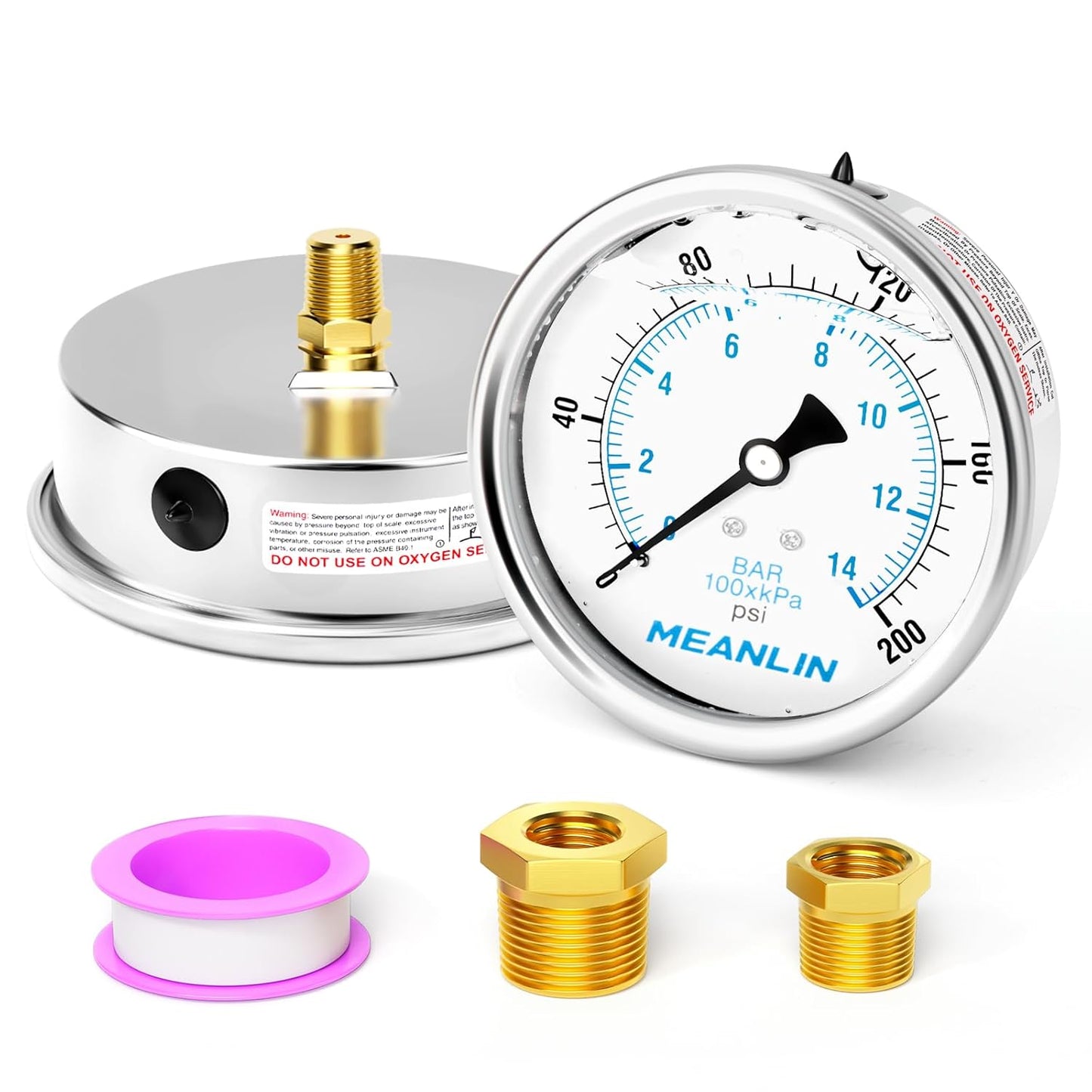 MEANLIN MEASURE 0~200Psi Stainless Steel 1/4" NPT 4" FACE DIAL Liquid Filled Pressure Gauge WOG Water Oil Air Back Mount, with 1/4" x 1/2" NPT and 1/4" x 3/8" NPT Hex Bushing