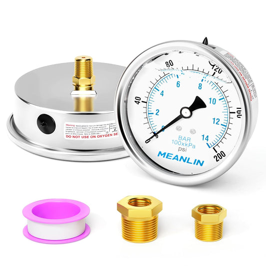 MEANLIN MEASURE 0~200Psi Stainless Steel 1/4" NPT 4" FACE DIAL Liquid Filled Pressure Gauge WOG Water Oil Air Back Mount, with 1/4" x 1/2" NPT and 1/4" x 3/8" NPT Hex Bushing