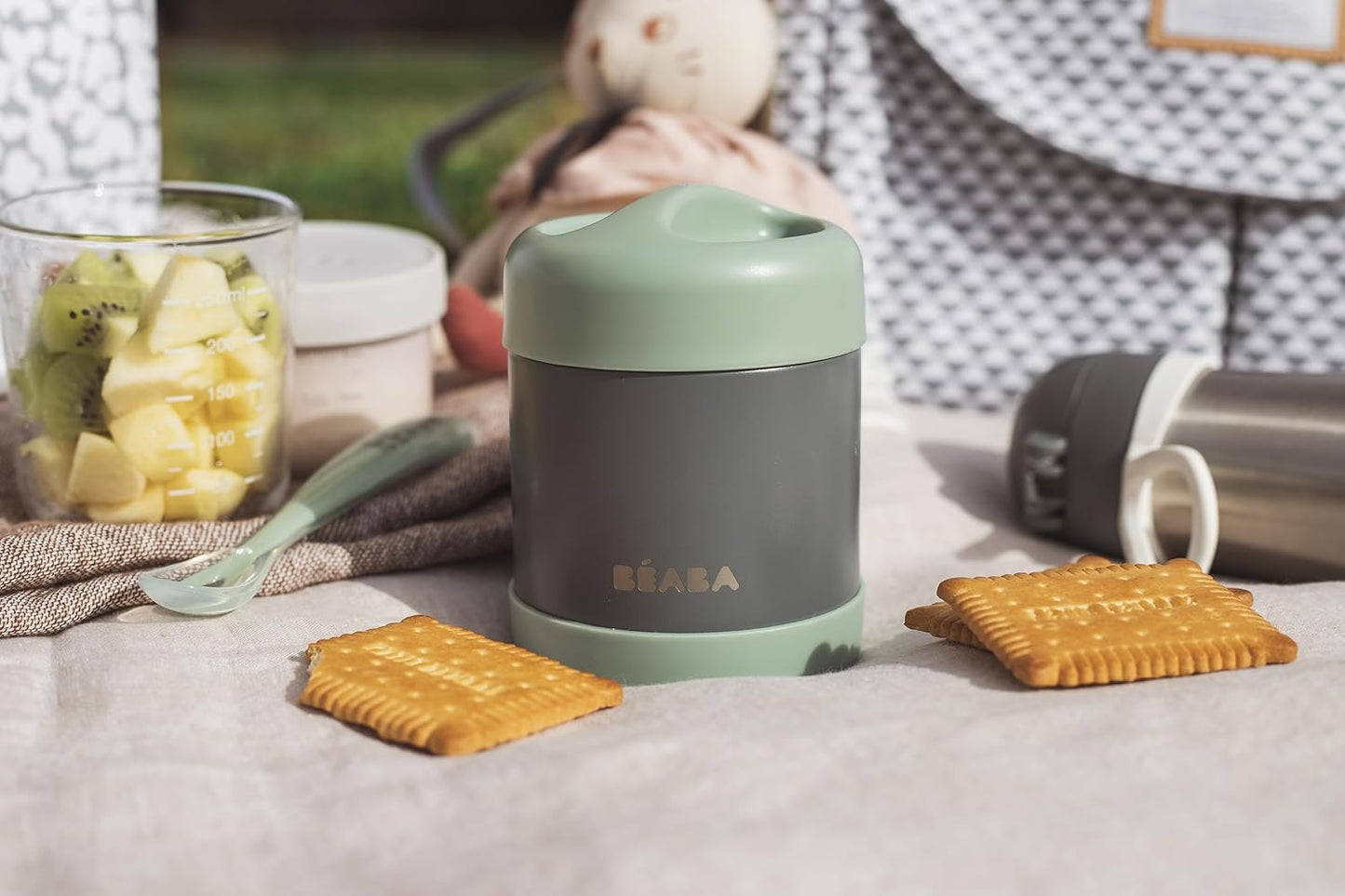 Beaba Stainless Steel Insulated Food Jar 10 oz, Kids Thermos, Lunch Containers, Leakproof, Wide Opening, Suitable for Hot and Cold Foods (Sage)