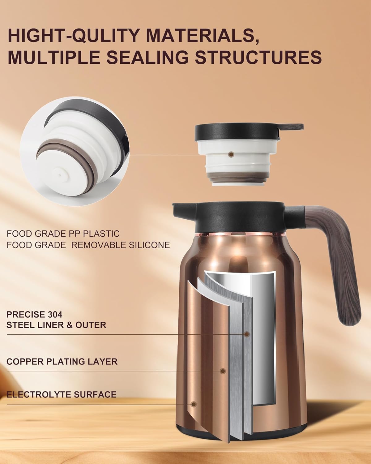 51 Oz Carafes for Hot Liquid, Stainless Steel Insulated Vacuum Thermal Coffee Carafes For Keeping Hot, 1.5 Liter Coffee Dispenser(Gold/Gold)