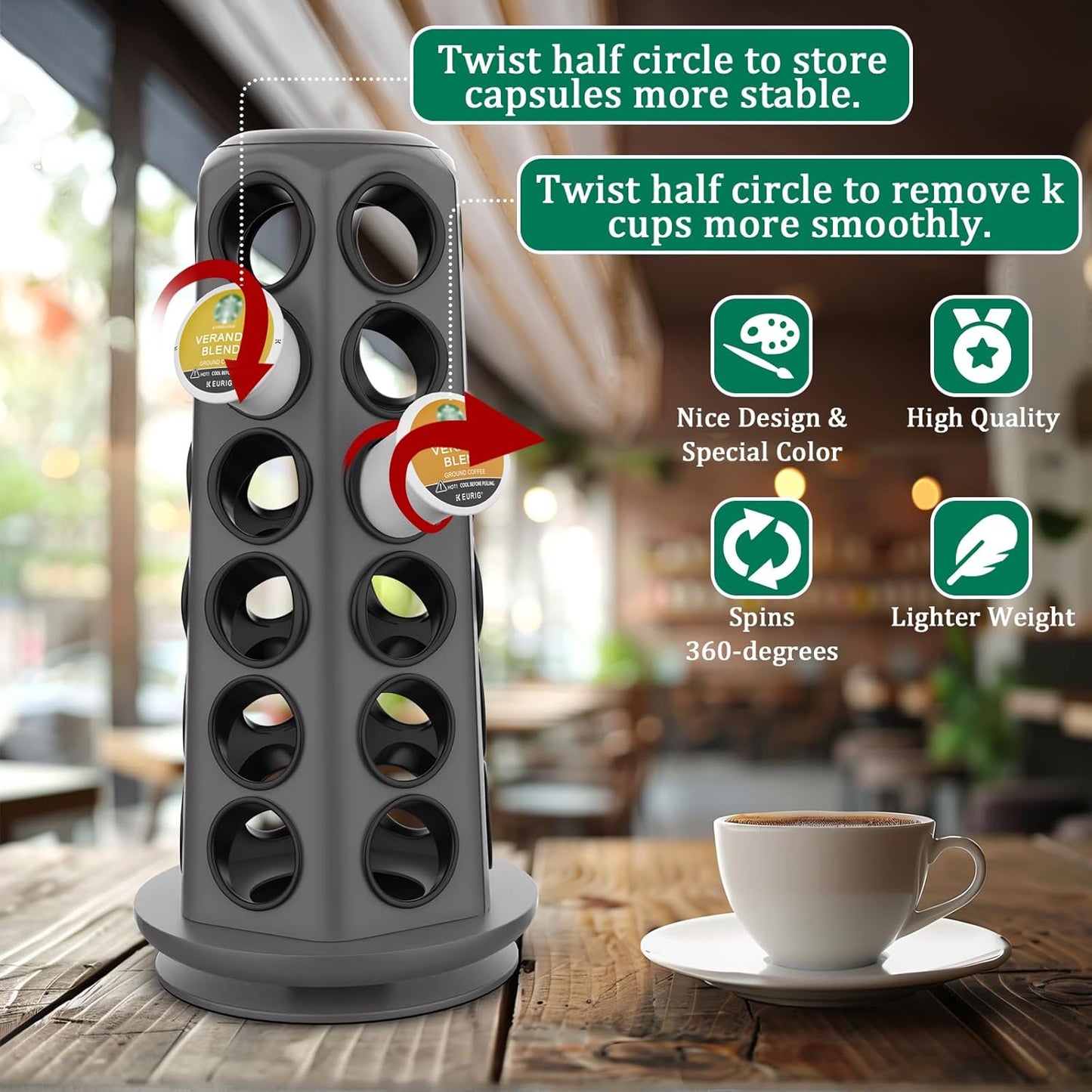 CSH K Cup Holder, 36 K Cup Storage, Coffee Pod Organizer Carousel, Spins 360 Degree Quietly, Kcup Holder for Counter, Kitchen, Office, Matte Gray