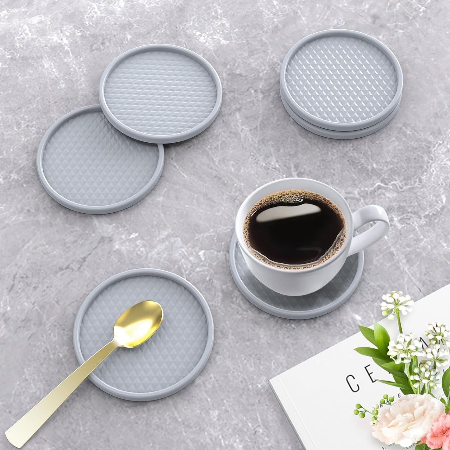 Silicone Coffee Mat with 6PCS Coasters,24''x16'' Kitchen Bar Accessories Fits Under Coffee Maker and Pot,Espresso Machine,Detachable Dish Drying Mat for Tamper,Sugar Packets,Cups,Countertop Protection