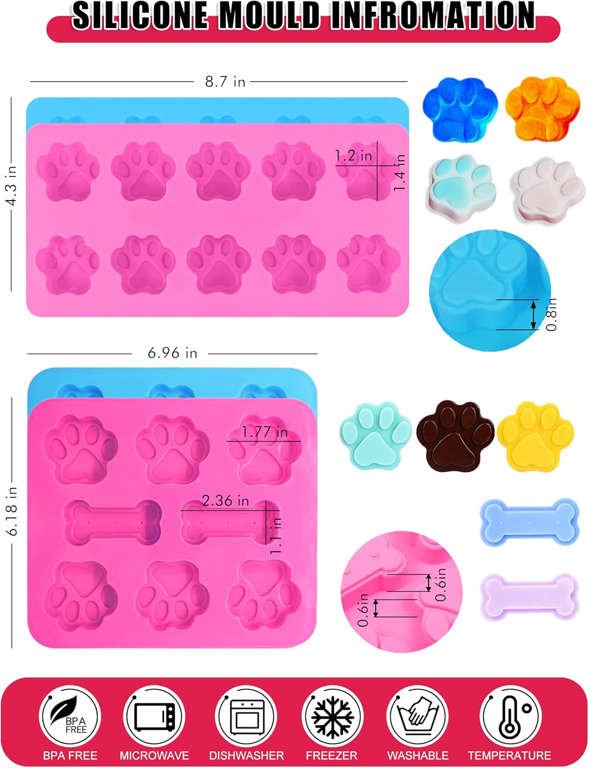 Homemade Silicone Dog Treat Molds - Dog Treat Cookie Cutters - Dog Treat Recipes Card, Food Grade Silicone Molds for Candy and Dog Ice Cubs - Set of 15