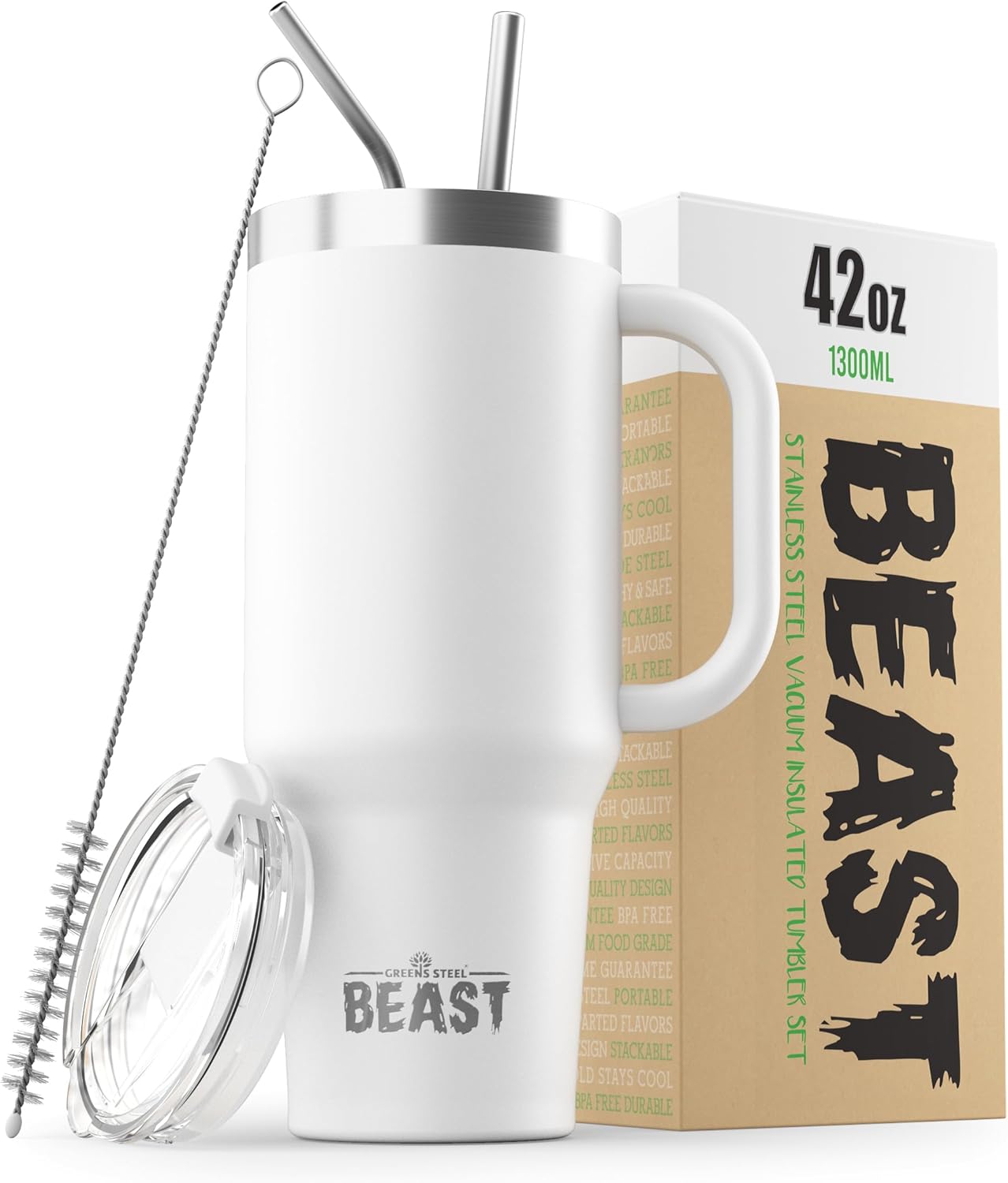 Beast 42 oz Tumbler Stainless Steel Vacuum Insulated Coffee Ice Cup Double Wall Travel Flask (Arctic White)