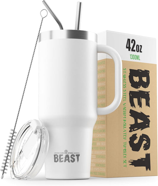 Beast 42 oz Tumbler Stainless Steel Vacuum Insulated Coffee Ice Cup Double Wall Travel Flask (Arctic White)