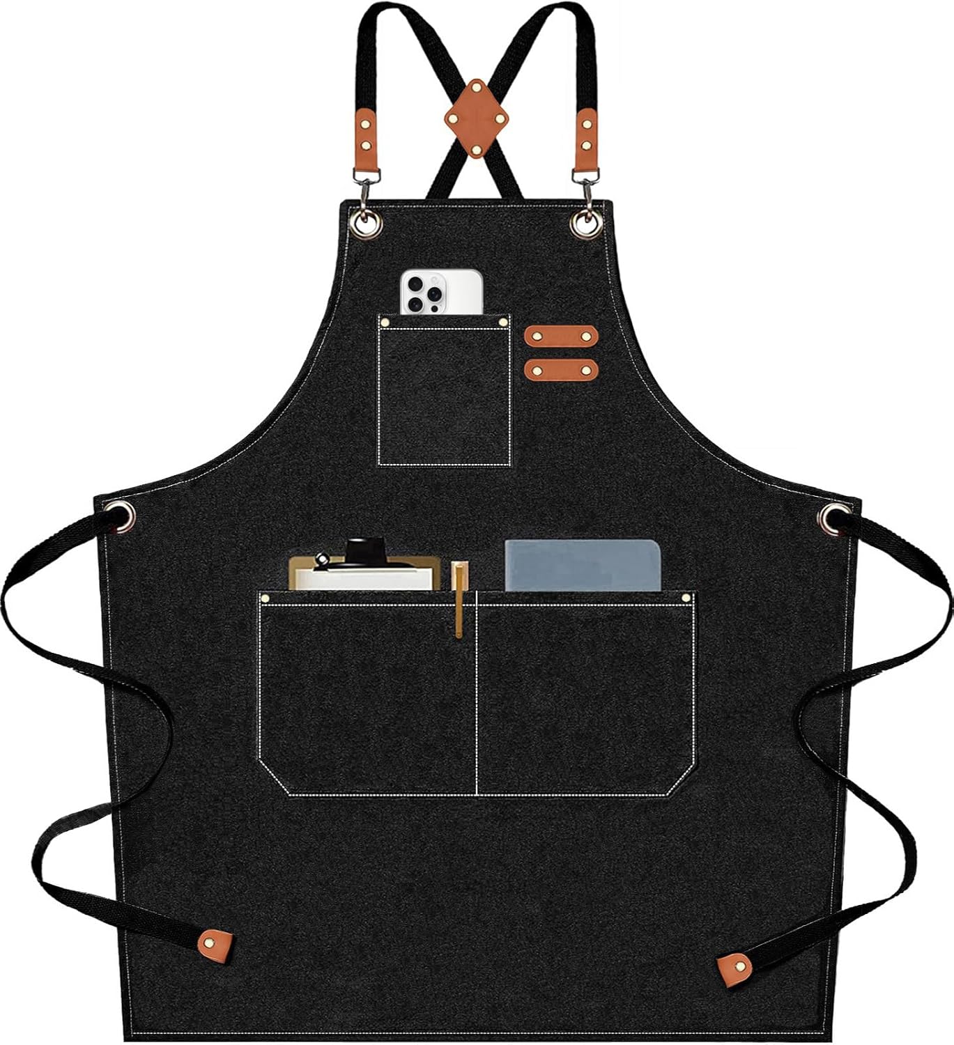 AFUN Chef Aprons for Men Women with Large Pockets, Cotton Canvas Cross Back Heavy Duty Adjustable Work Apron, Size M to XXL (Black)