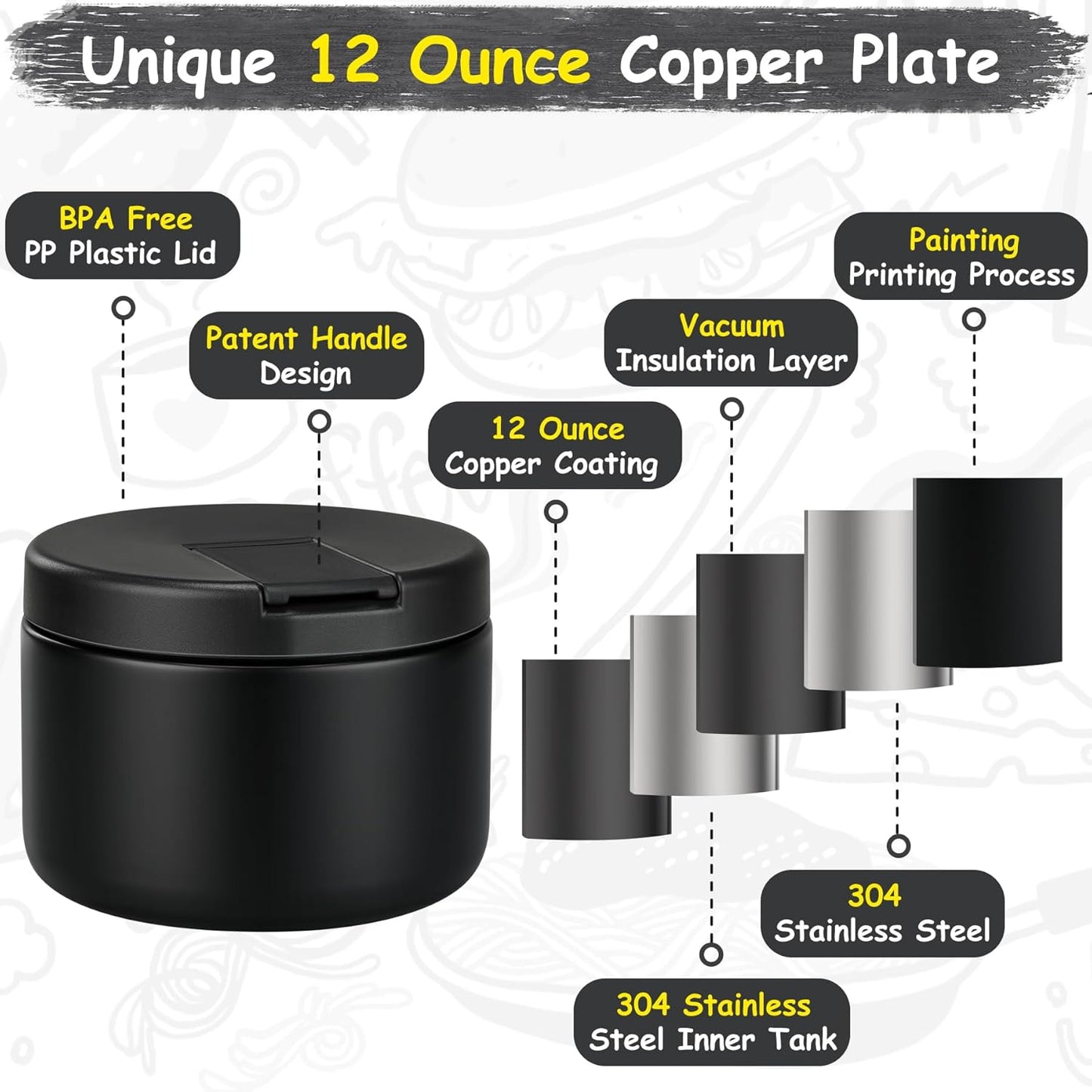 12oz Insulated Vacuum Food Jar with Buckle Lid Wide Mouth Soup Thermo for Hot Food Kids Leakproof Stainless Steel Lunch Container- Black- 1Pack