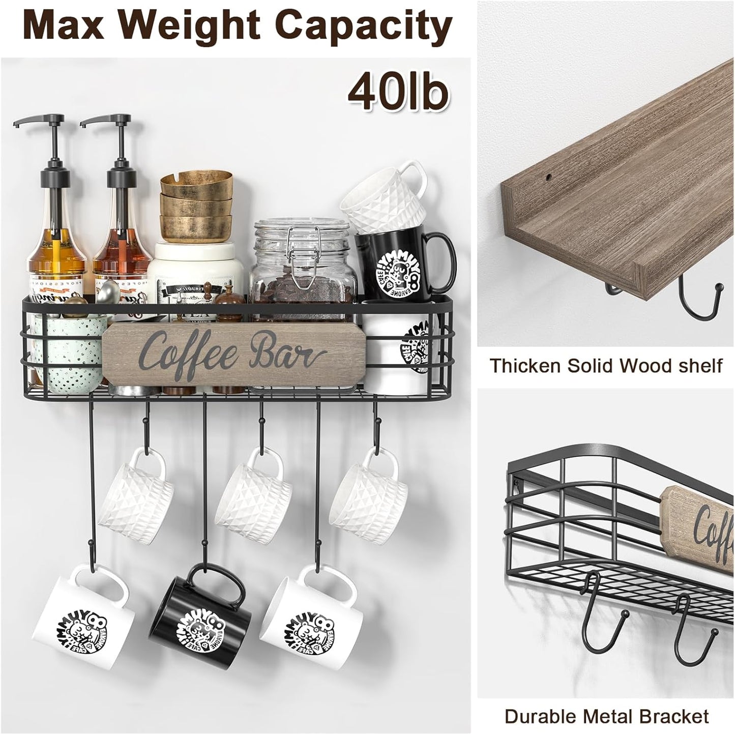 Coffee Mug Holder Organizer 2 Pack with 12 Mug Hooks Mug Rack Wall Mounted with Coffee Bar Sign Farmhouse Coffee Accessories and Organizer with Metal Basket Floating Shelves for Wall Weathered Walnut