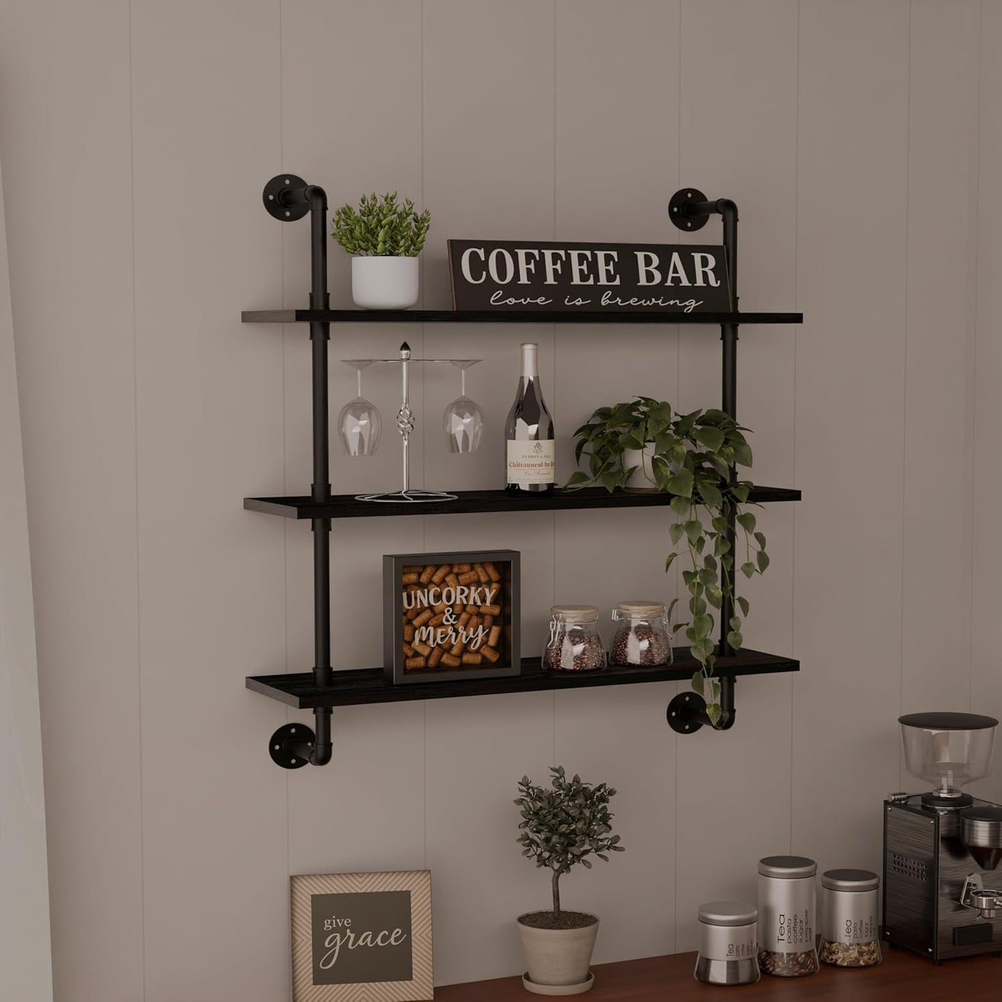 Industrial Pipe Shelf Shelving Bookcase, Wall Mounted Rustic Bookshelf, Floating Bookshelves for Wall,Retro Wood Metal Pipe Industrial Shelves for Living Room