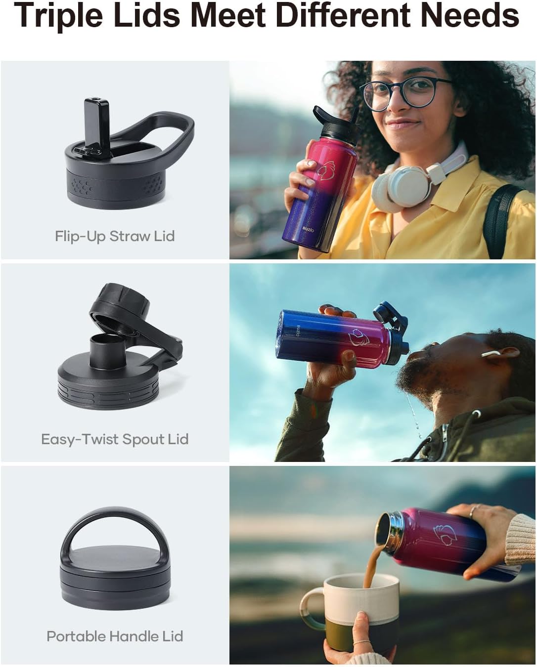 BUZIO 32 oz Water Bottle Insulated with Straw & 3 lid and Carrying Pouch, Leak Proof Anti-Slip Stainless Steel Water Flask Jug, Cold for 48 Hrs Double Vacuum Thermo Canteen, Pearlescent Red Black