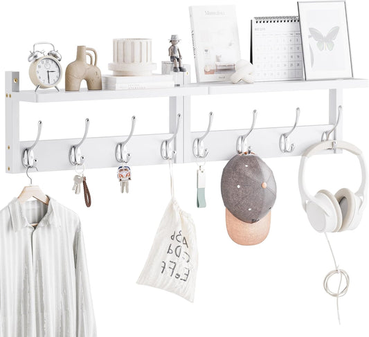 2 Pack Coat Rack Wall Mount, Bamboo Coat Hook with Storage Shelf, Coat Hanger with 8 Dual Hooks, Wall Floating Shelf for Entryway Hallway Kitchen, Bathroom, Bedroom (White+Slive)