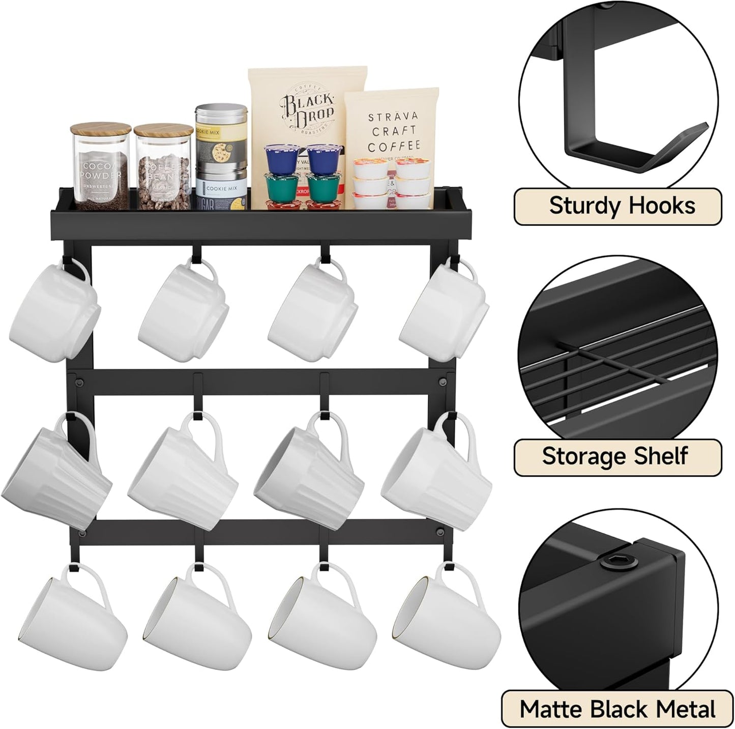 Coffee Mug Rack Wall Mounted, Rustic Metal Mug Holder Organizer with 12 Hooks and Top Shelf Cup Storage Rack for Home Kitchen Coffee Bar Station Mug Display and Collection