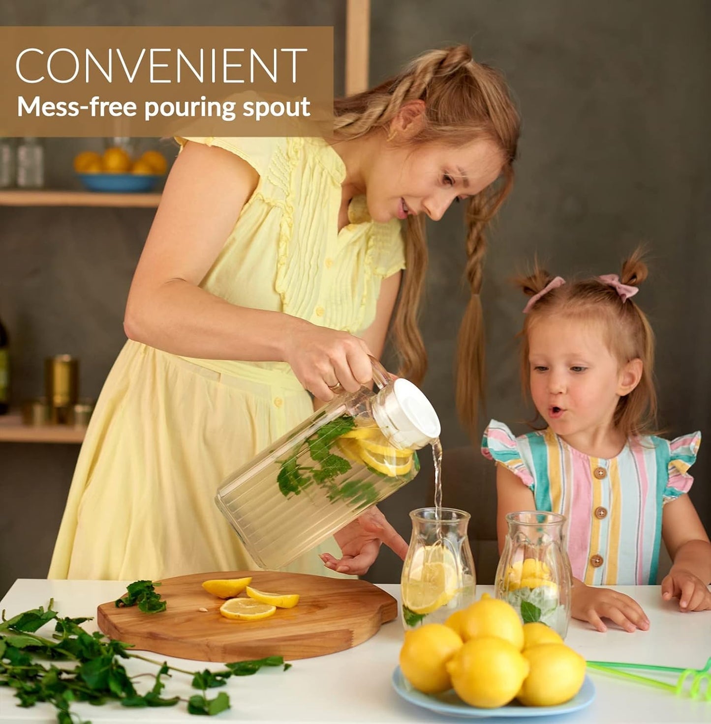 Glass Pitcher with Lid – Set of 2 Glass Water Pitcher 55Oz – Cold Carafe for Ice Tea, Water, Lemonade, Coffee – Elegant and Modern – Practical Spout Pitchers for Drinks