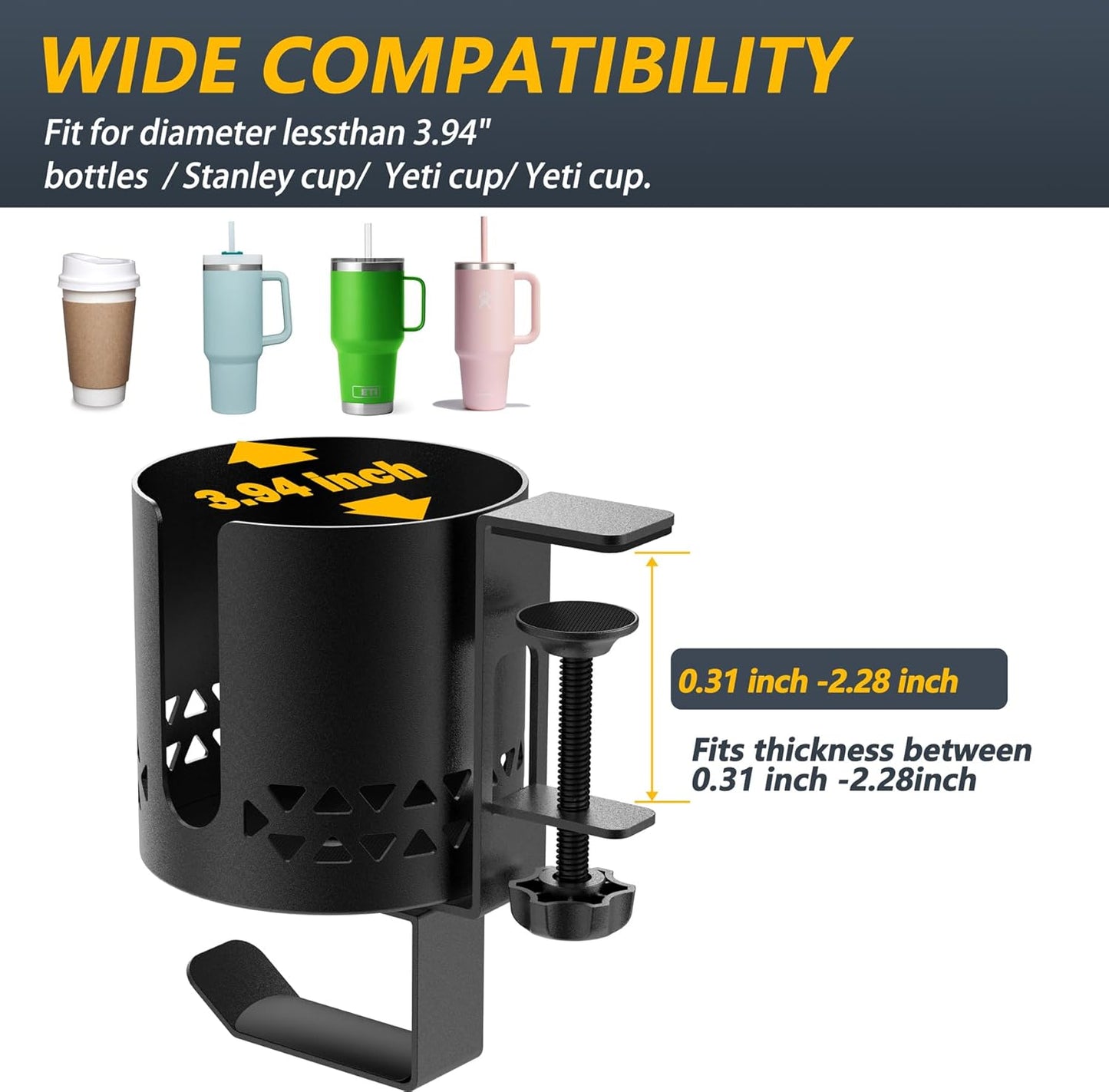 Desk Cup Holder Metal & Headphone Hanger 360° Rotating PC Gaming Desk Accessories Anti-Spill Table Cup Holder Clamp on Chair for Coffee Mugs Stanley YETI Bottles Pencil Holder