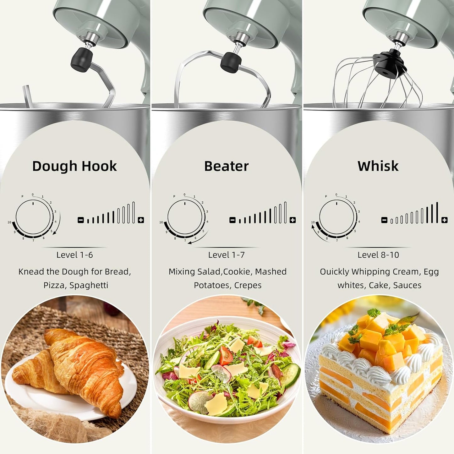 Electric Stand Mixer,660W 10 Speeds Tilt-Head Food Mixer, 3-IN-1 Kitchen Mixer for Daily Cooks with 6.5 QT Bowl,Dough Hook, Beater, Whisk (Morandi Green)