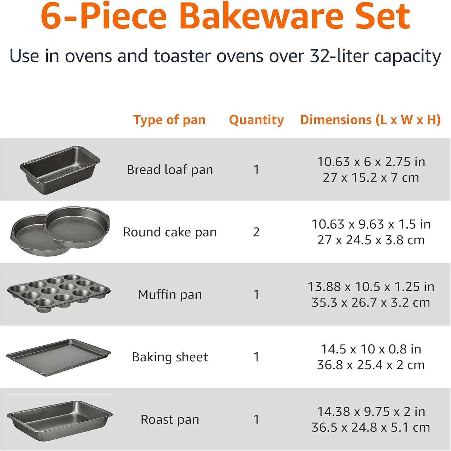 Amazon Basics 6 Piece Nonstick, Carbon Steel Oven Safe Bakeware Set with Cake, Muffin, Cookie, and Loaf Pans, 6 Piece, 16.25 x 11.75 x 6.25 inches