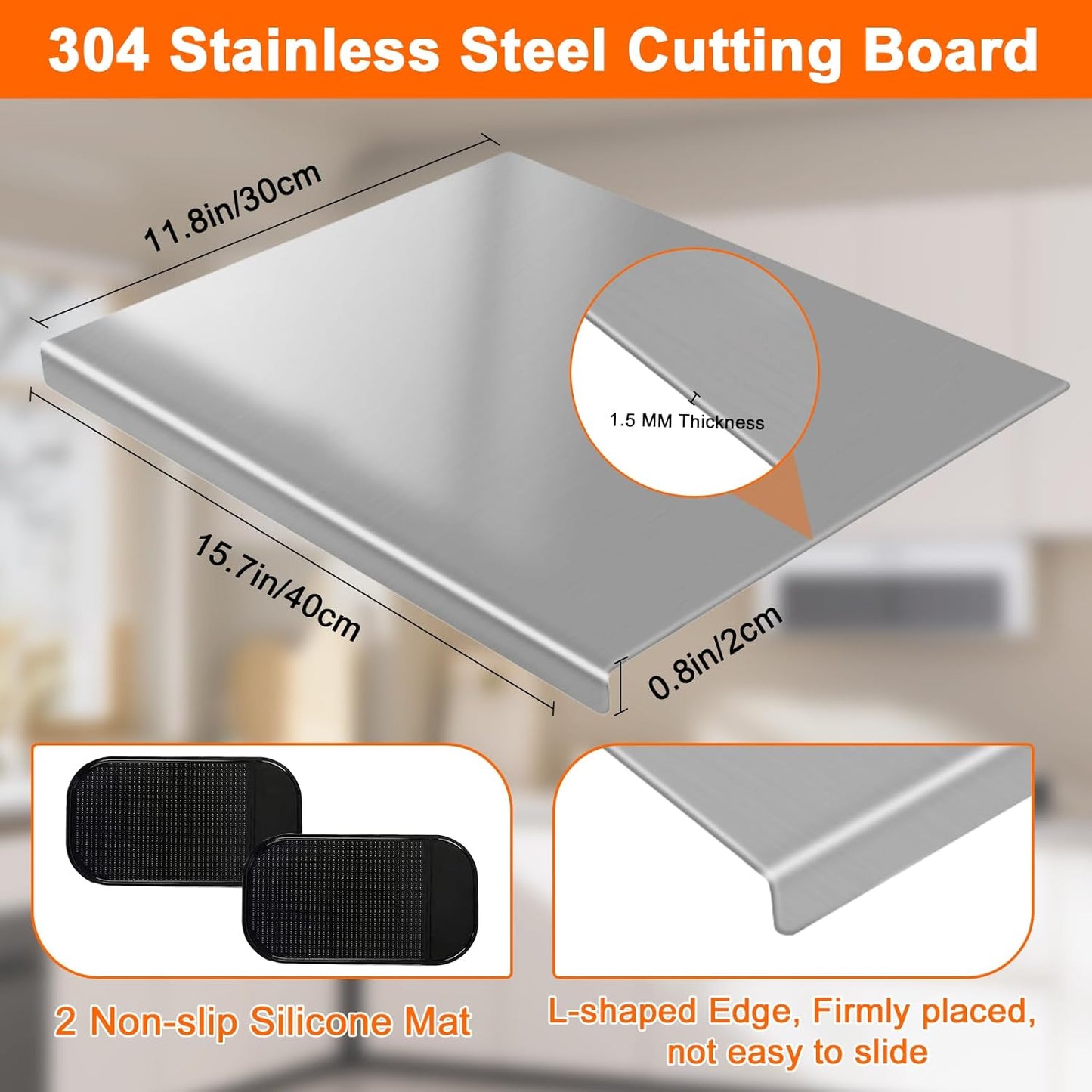 304 Stainless Steel Cutting Board with 2 Pack Non-Slip Mats, Yoposeo Heavy Duty Baking Cutting Chopping Boards for Kitchen, Meat, Fruits, Vegetables, Bread and Baking (15.7" X 11.8"/ 40 X 30cm)